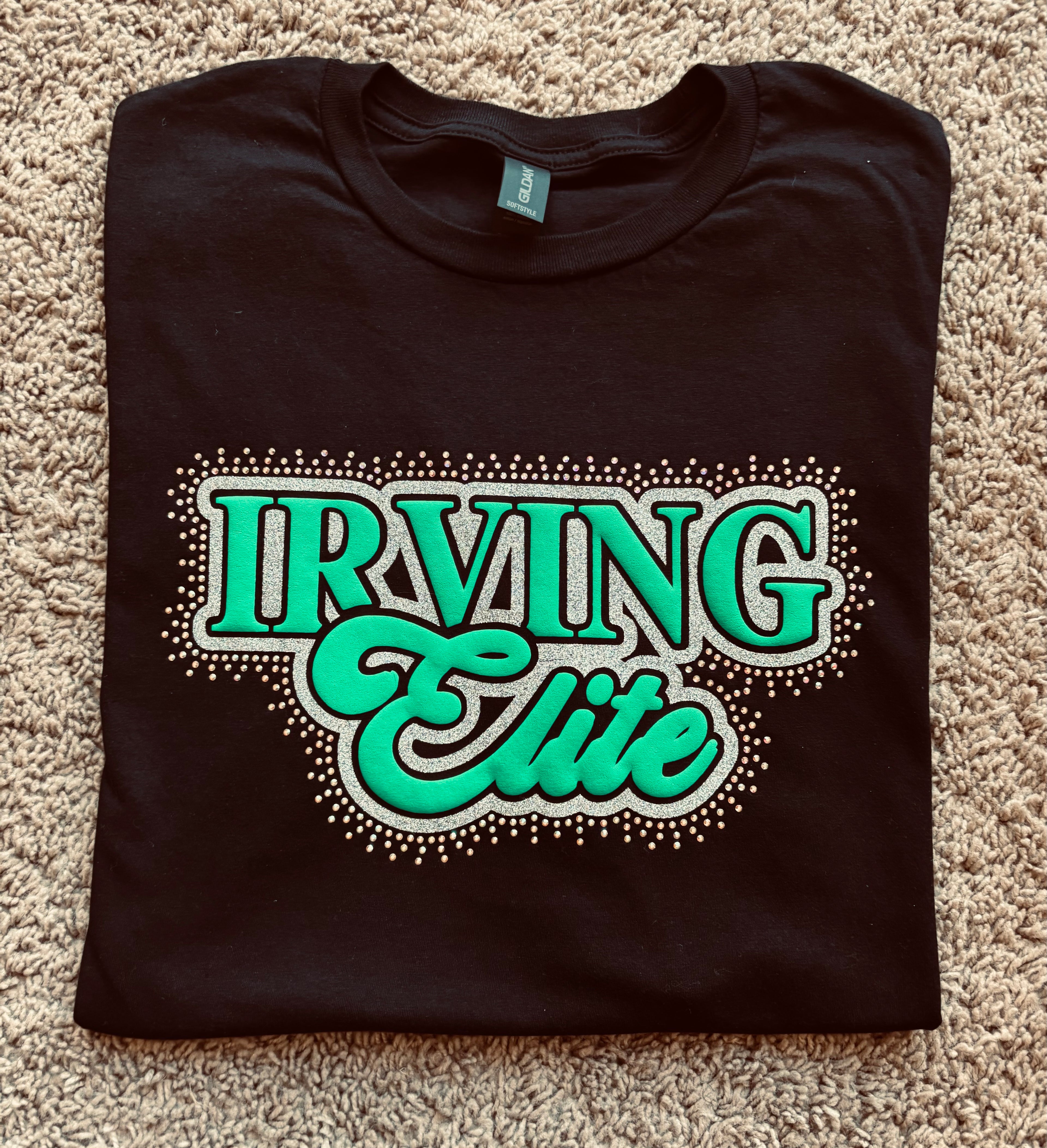 Irving elite puff glitter and rhinestone logo