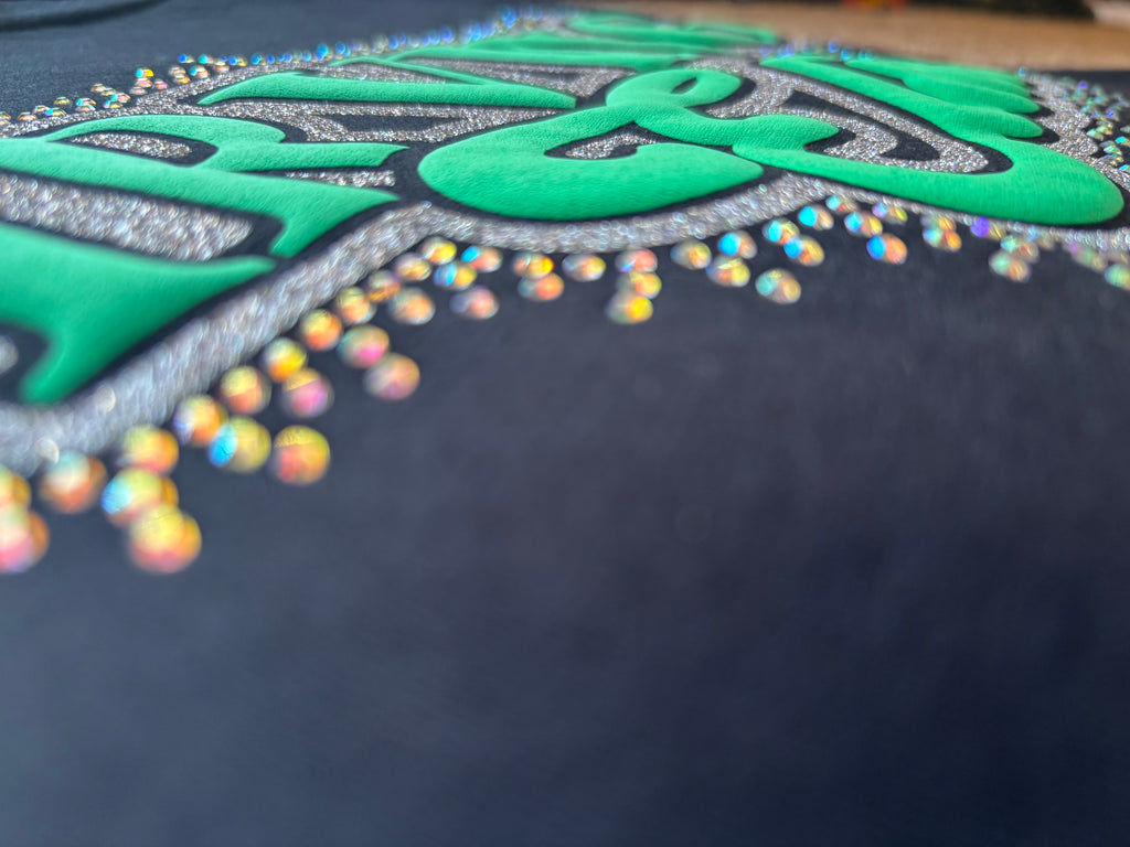 Irving elite puff glitter and rhinestone logo